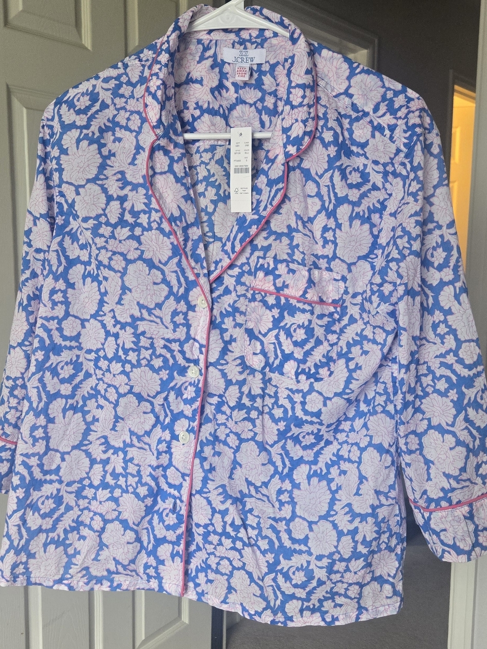 J. Crew Blue Floral Cotton-Blend Pajama Top with Pink Trim Size Small